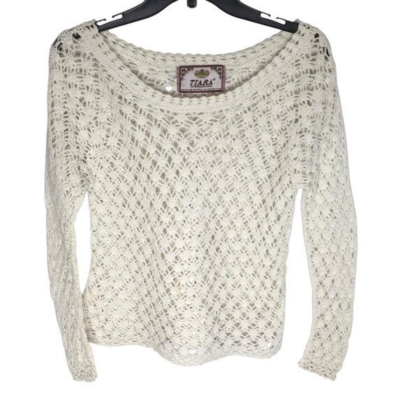 Vintage Tiara International Sweater Beachy Women Medium White Crochet Open Knit - Picture 1 of 14